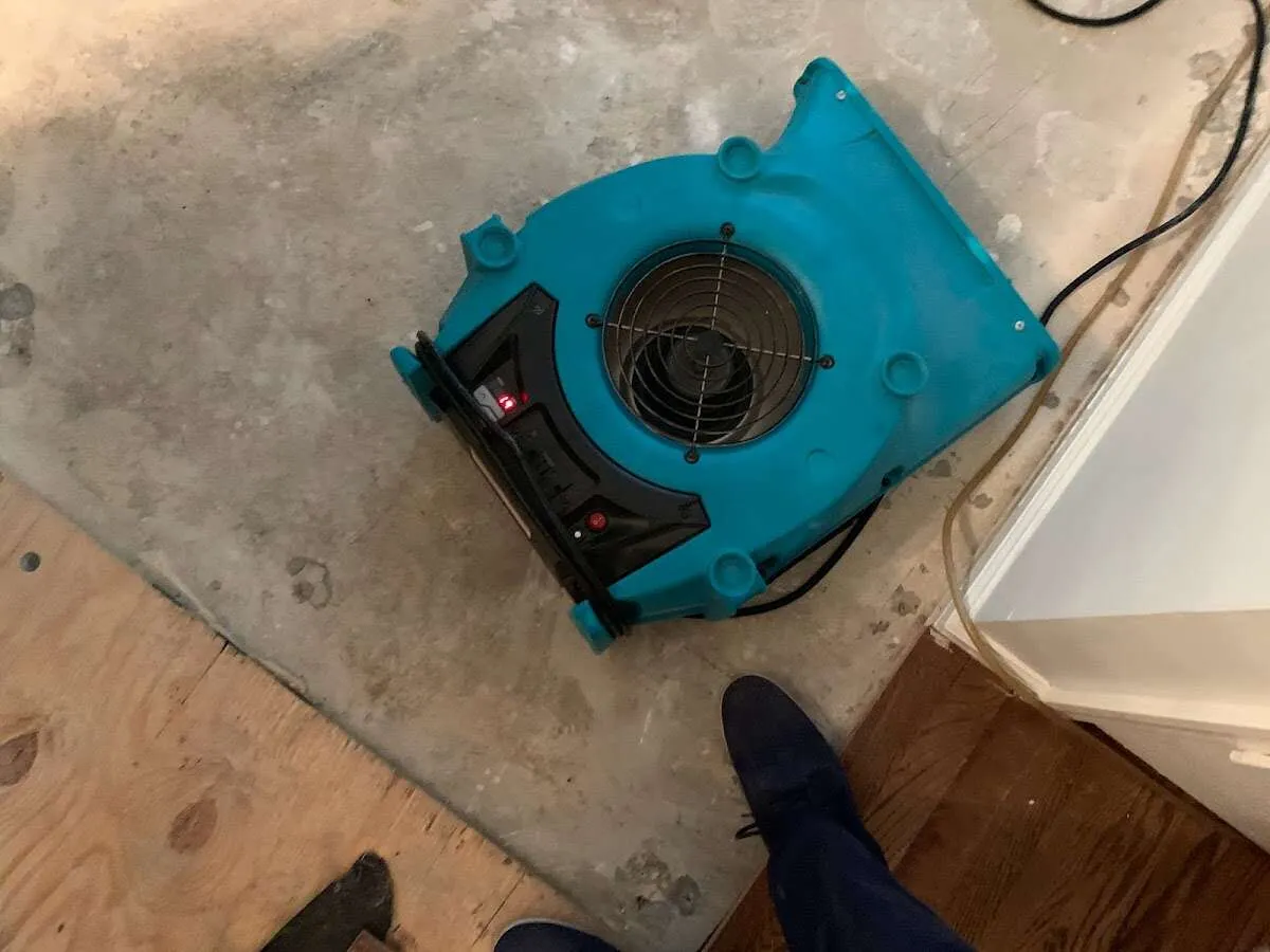 Air mover drying subfloor during Leak Detection & Repair in San Clemente